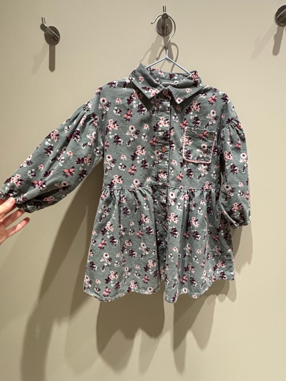 Deux par deux Girls Floral corduroy dress Green grey